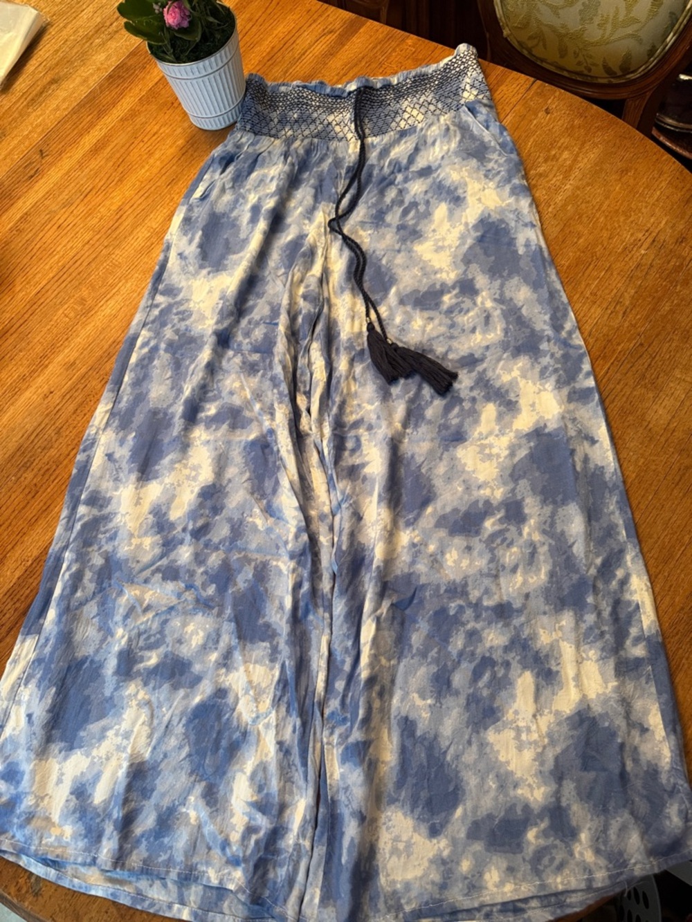 Blue Tie-Dye  white leg pants  Smocked Waist and Tassel